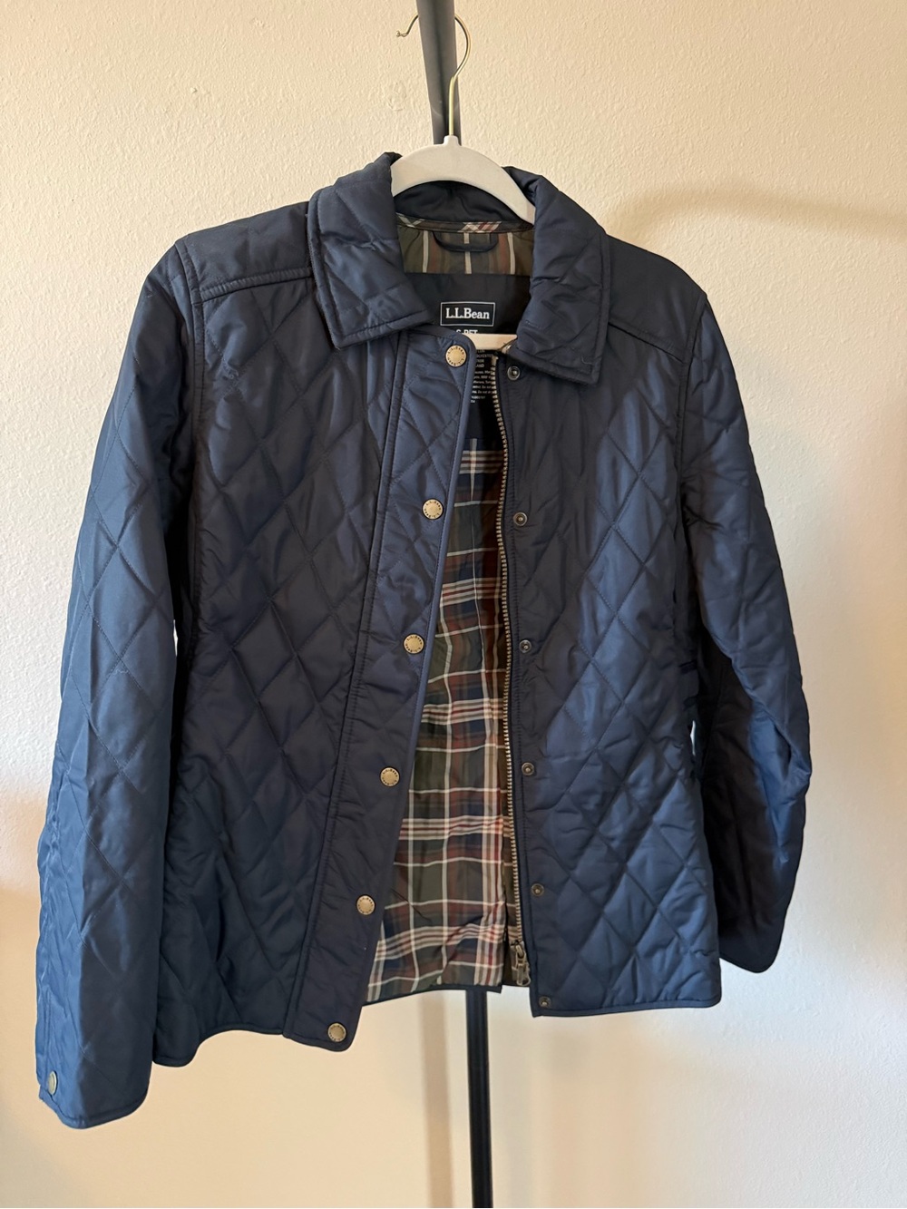 L.L. Bean Navy Quilted Jacket with Plaid Lining